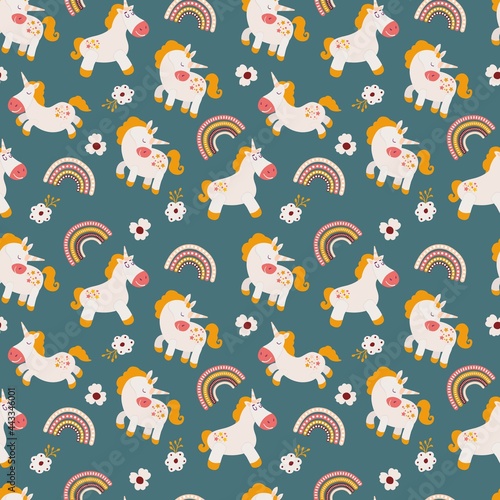 Seamless pattern with unicorns, flowers and rainbows. Decoration for the nursery. 