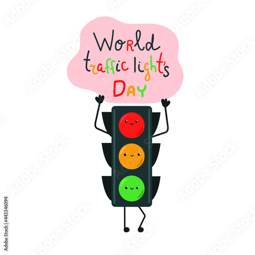 Cute traffic lights with faces and legs, hands hold pink cloud with text World Traffic Lights Day.