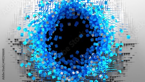 Blue cubes move out from the center of white screen, a hole formed and reveals a black background. Abstract 3D animated intro. Alpha channel as matte mask included.