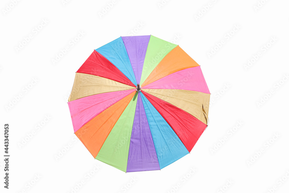 Multi colored sunshade umbrellas on isolated white background.