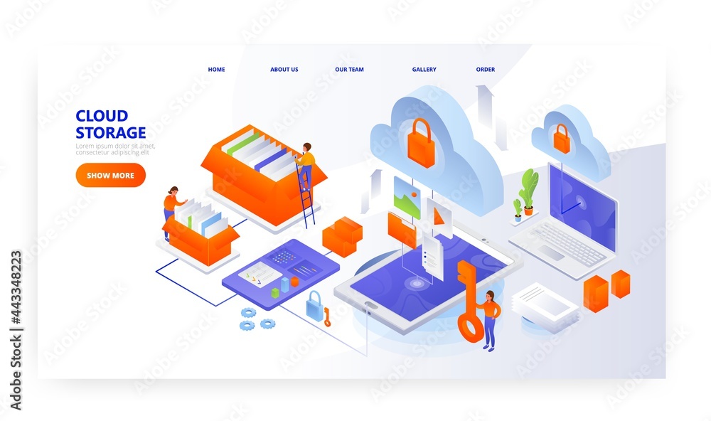 Cloud storage landing page design, website banner vector template. Computer data storage. Cloud computing technology. Cloud storage landing page design, website banner vector template. Computer data storage. Cloud computing technology.