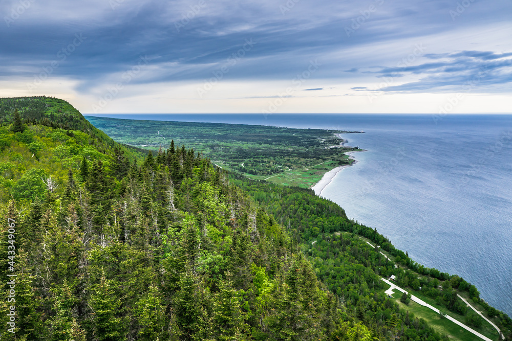 View on the mountains of Forillon National Park and in the far the Cap des Rosiers from the Mount St Alban hike belvedere (Quebec, Canada)