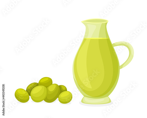 Olive oil in a decanter in a cartoon style. Vector Italian food. Isolated on white background
