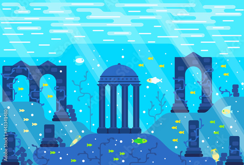 Ruins of an ancient city underwater, colonnades, stone pillars, greek amphora, fishes on the seabed. Vector cartoon illustration