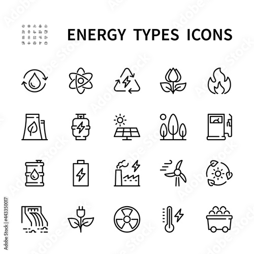 Types of energy vector line icons. Isolated icon collection of energy types for web sites on white background. Energy vector symbol set.