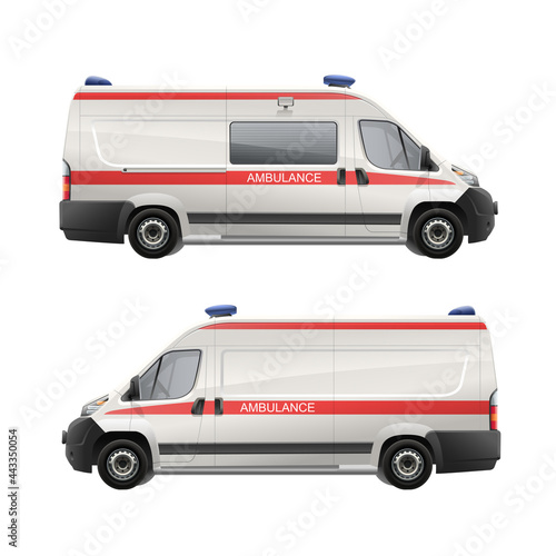 Vector Ambulance Service Van template isolated on white background. Emergency Medical van. White color hospital service car with red stripes