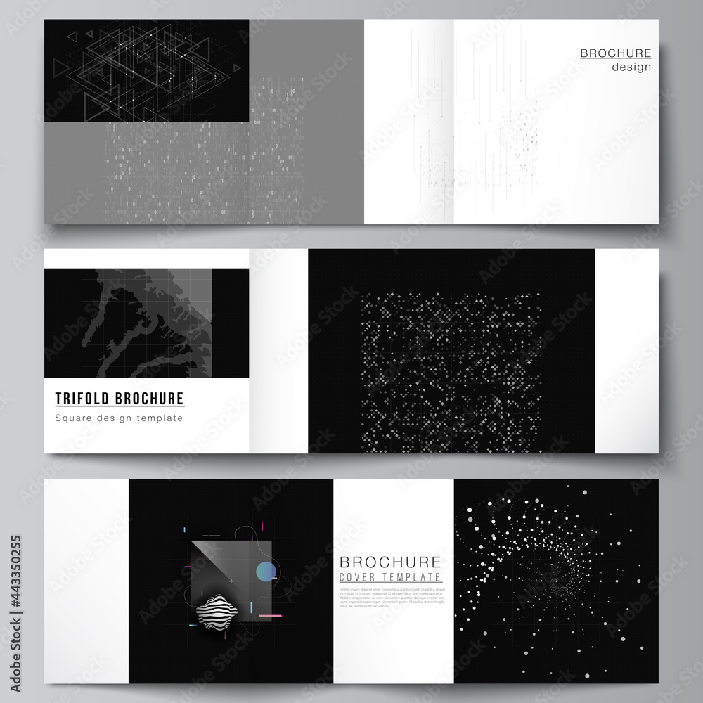 Vector layout of square covers templates for trifold brochure, flyer, magazine, cover design, book design. Abstract technology black color science background.Digital data. Minimalist high tech concept Vector layout of square covers templates for trifold brochure, flyer, magazine, cover design, book design. Abstract technology black color science background.Digital data. Minimalist high tech concept
