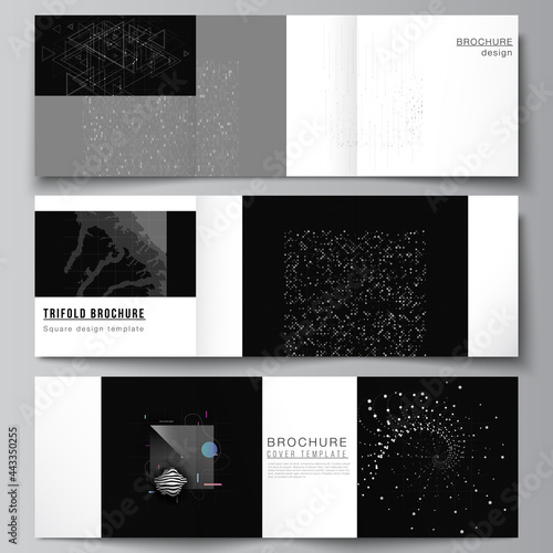 Vector layout of square covers templates for trifold brochure, flyer, magazine, cover design, book design. Abstract technology black color science background.Digital data. Minimalist high tech concept
