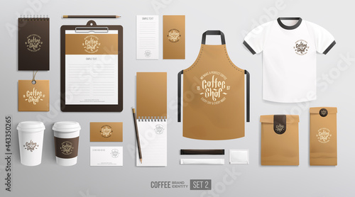 Coffee shop food package with brand identity Mockup template. Concept of Coffee logotype.  Coffee shop equipment set of uniform, apron, corporate t-shirt, plastic cup, package, menu