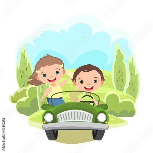 Childrens trip in a small car. Kid drives a pedal or electric toy automobile. Cartoon illustration. Isolated. Summer rural green landscape. Vector