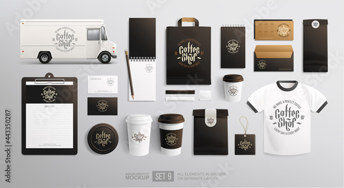 Food truck with Coffee branding identity on package Mockup set. Realistic MockUp set of delivery truck, uniform, paper cup, food package, shopping bag. Fast food and beverage package design