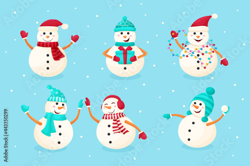 Set of funny snowmen in cartoon style. Vector illustration on holoboom background. Snowmen are preparing for the new year. Winter fun
