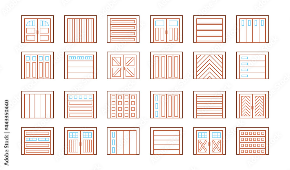 Wooden garage doors closed. Line icon set. Various types of warehouse or workshop gates. Vector illustration with exterior design signs. Isolated objects Wooden garage doors closed. Line icon set. Various types of warehouse or workshop gates. Vector illustration with exterior design signs. Isolated objects
