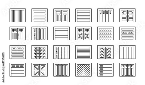 Garage doors closed. Line icon set. Various types of warehouse or workshop gates. Vector illustration with exterior design signs. Isolated objects