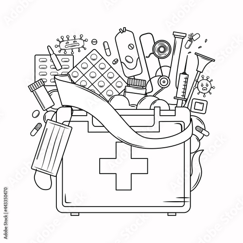 Medicine coloring book for adults. First aid kit, mask, bandage, syringe, virus in the outline style. Vector illustration