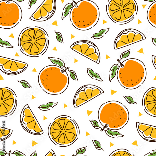 Fototapeta Naklejka Na Ścianę i Meble -  Juicy tangerine seamless pattern. Slices and leaves of tangerine. Geometry. Abstract hand-drawn background