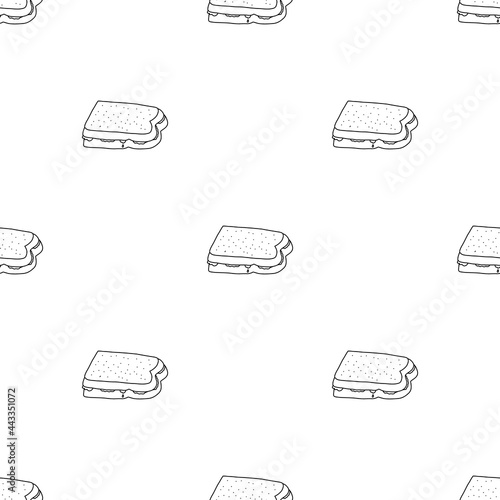 Seamless pattern hand drawn vector illustration peanut butter jelly sandwich or grilled cheese sandwich. Good for backgrounds, textile design, wallpaper. Cartoon doodle style back and white colors.