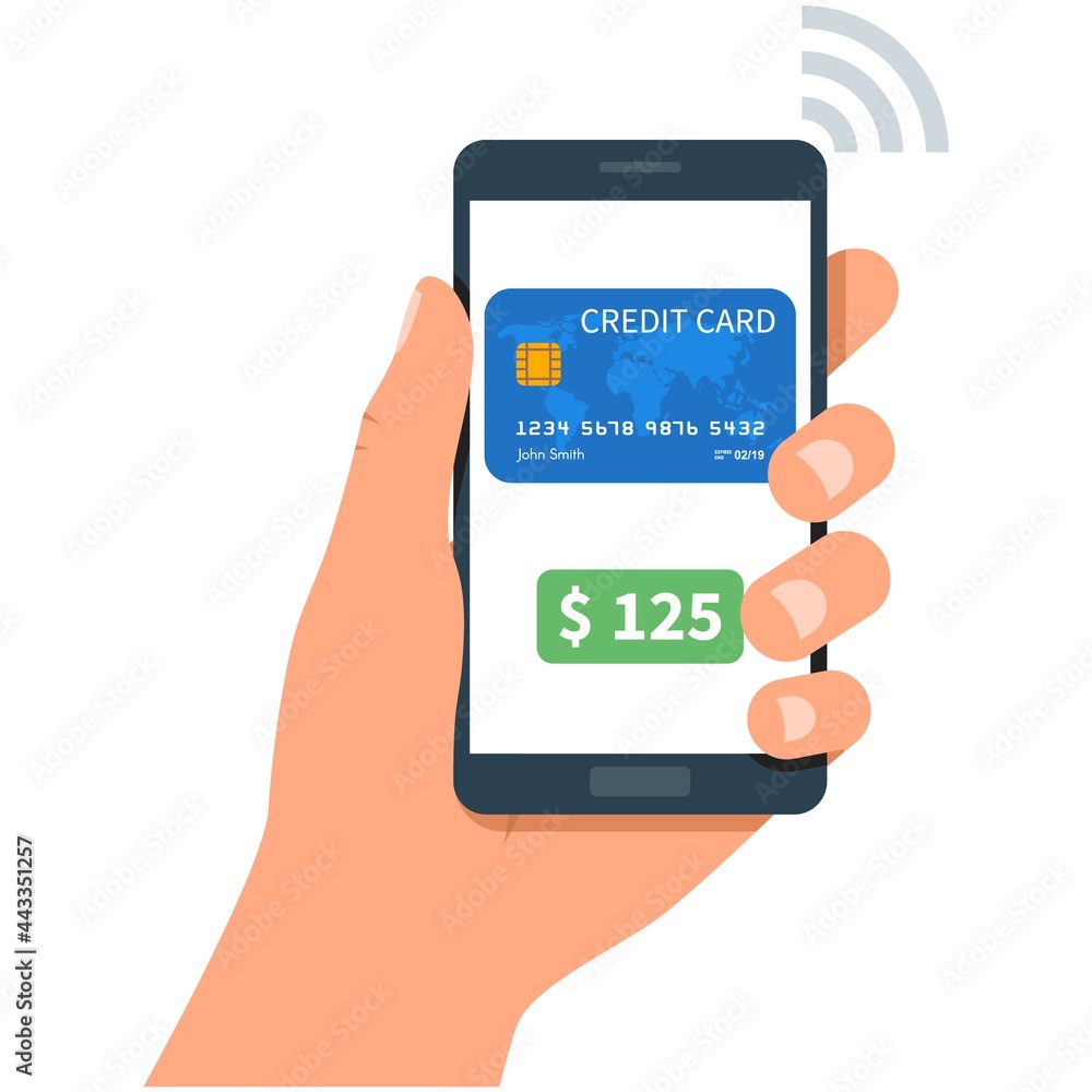 Vector phone in human hand, nfc mobile payment tech icon Vector phone in human hand, nfc mobile payment tech icon