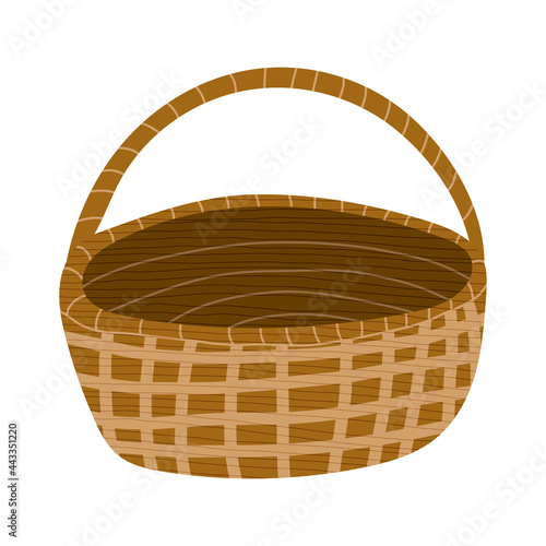 Hand drawn vector illustration of single traditional willow wicker basket with handle. Cartoon doodle style isolated on white background.