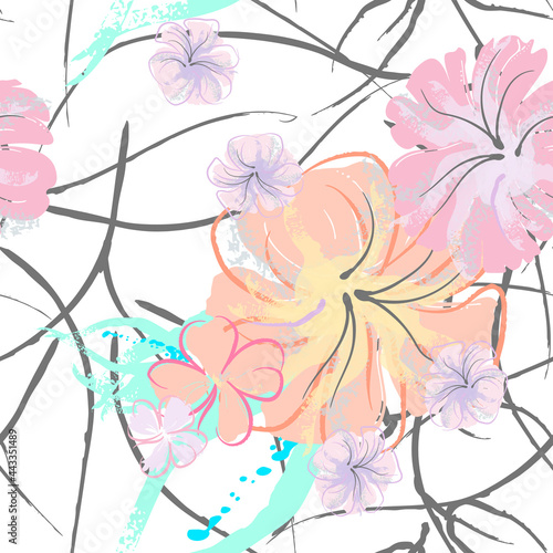 Pink Flowers Blooming Pattern. Pastel Watercolor.