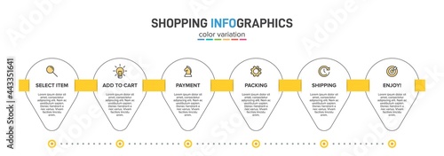 Concept of shopping process with 6 successive steps. Six colorful graphic elements. Timeline design for brochure, presentation, web site. Infographic design layout.