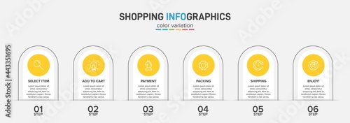 Concept of shopping process with 6 successive steps. Six colorful graphic elements. Timeline design for brochure, presentation, web site. Infographic design layout.