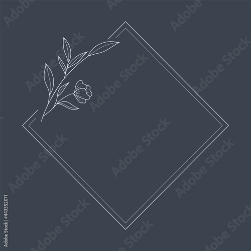 Floral Wreath branch in hand drawn style. Floral Rectangle blue and navy. frame of twigs, leaves and flowers. Frames for the Valentine's day, wedding decor, logo and identity template.