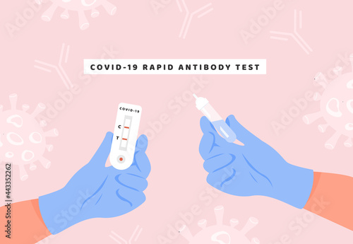 A doctor in latex gloves holding Covid-19 Rapid Antibody test and Testing Tube. A nurse hands with Coronavirus Express Antidody Positive blood test result and Medical Probe with buffer liquid. Vector.