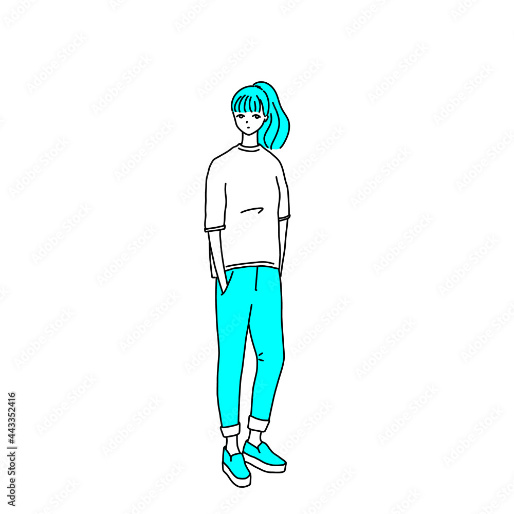 ポケットに手を入れて立っている女性 ポニーテール ポケットに手を入れて立っている女性 ポニーテール
