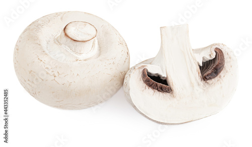 Fresh champignon mushrooms isolated on white background. Whole and sliced champignons