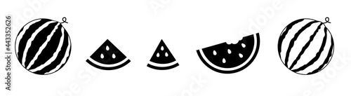 Set watermelon icons black color. Half and whole, round piece, and triangular slice.