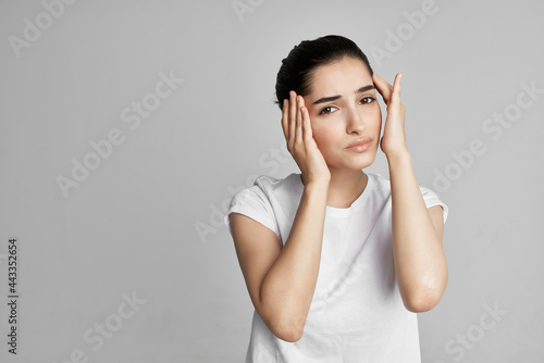 unhappy woman headache health problems migraine isolated background