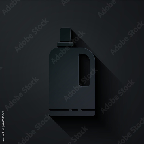 Paper cut Fabric softener icon isolated on black background. Liquid laundry detergent, conditioner, cleaning agent, bleach. Paper art style. Vector Illustration