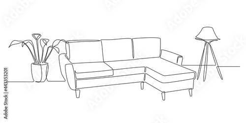 One continuous line drawing of couch or sofa with lamp and potted plant. Modern scandinavian furniture in simple linear style. Editable stroke Vector illustration