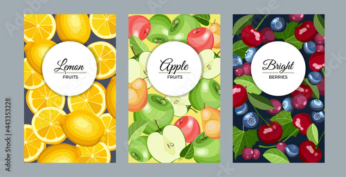 Fruit vertical banners. Set lemon, apple and berries design for sweets and pastries filled. Vector illustration
