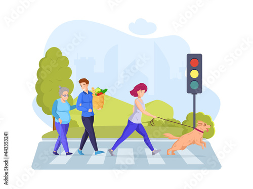 People walking on crosswalk crossing avenue road with traffic light. Pedestrians going at cityscape. Volunteer male help elderly woman, female with dog crosses road at pedestrian crossing