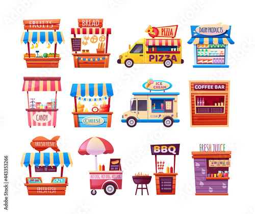 Food market. Set of street tent, car, truck, van selling fruits, bread, pizza, dairy product, candy, cheese, ice cream, coffee bar, fresh fish, hot dog, bbq.