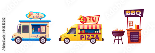 Food market. Set of street tent, car, truck, van selling fruits, bread, pizza, cheese, ice cream, , hot dog, bbq. Outdoor trade fast food