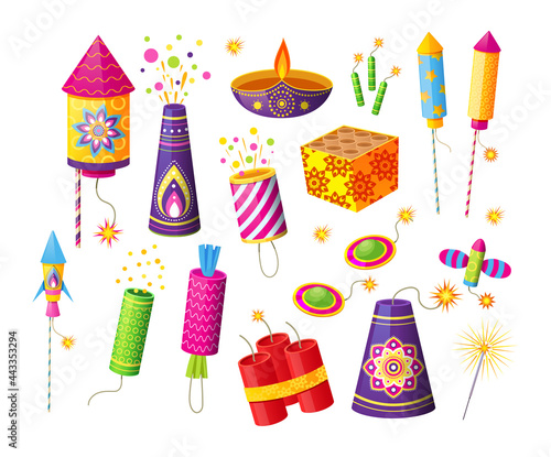 Collection of different firecracker or pyrotechnics rocket. Equipment for fireworks festival or holiday. Feast petard for festival celebration. Festive decoration for Diwali holiday