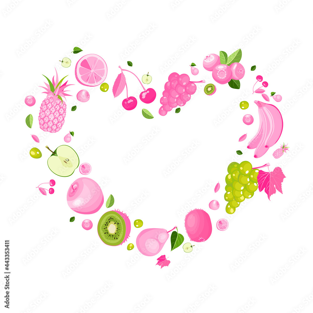 Pink fruits heart frame. Creative poster with exotic organic fruits whole and cut into slices for Valentines day, wedding, kids, banner, T-short print. Vector illustration.