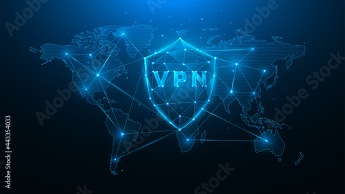 Polygonal vector illustration of the virtual private network, shield with vpn and world map, concept of protecting user data around the world. photo