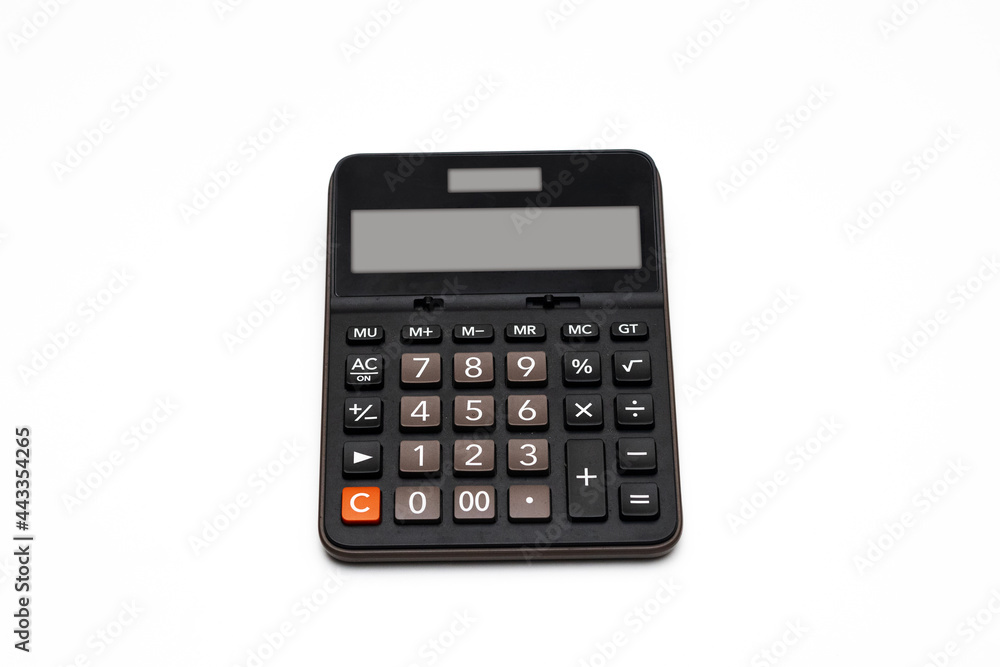 top view close up to black calculator is office equipment for account financial put on white background with copy space for add wording or text top view close up to black calculator is office equipment for account financial put on white background with copy space for add wording or text