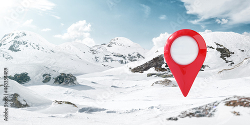 Surreal 3d Illustration of a Big Red Pointer in the Middle of Snowy Mountains.
