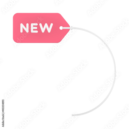 Sale 3d tag on wire. Pink label with product advertisement and plastic rope for fasteners