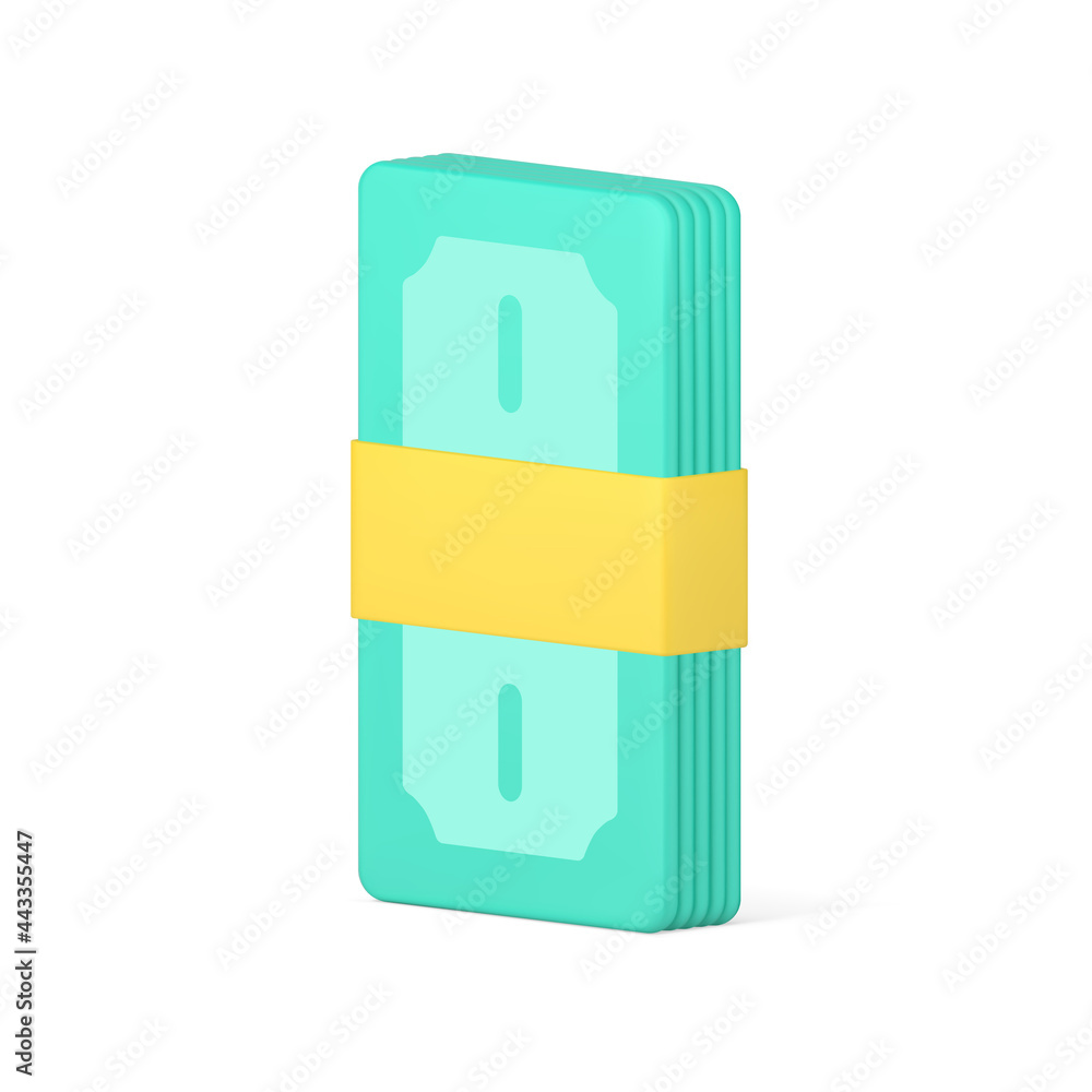 Bundle of 3d banknotes sealed with tape. Green cash tied with yellow paper strip Bundle of 3d banknotes sealed with tape. Green cash tied with yellow paper strip