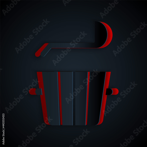 Paper cut Sauna bucket and ladle icon isolated on black background. Paper art style. Vector