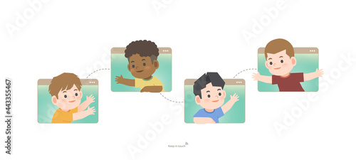 Boys greeting and chatting on social online network group to connect together with friends from distancing place on website screen. illustration vector. Kids concept