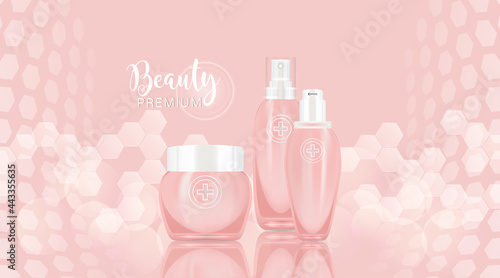Beauty product ad design, pink cosmetic containers with collagen solution advertising background ready to use, luxury skincare banner, illustration vector.