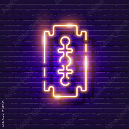 Razor blade neon sign. Cutting goods glowing icon. Vector illustration for design. Office concept.