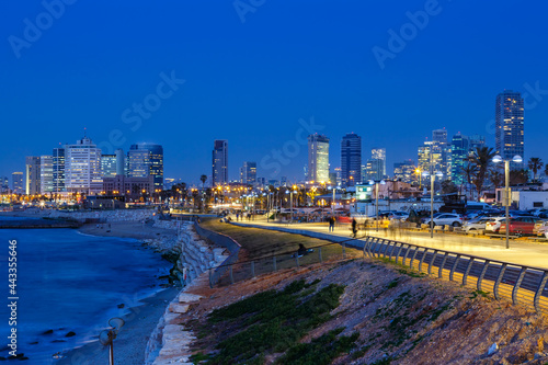 Tel Aviv skyline in Israel blue hour night city sea skyscrapers